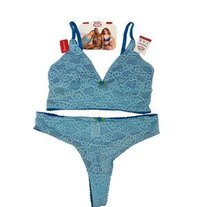 Parade Size XS Womens 2 Piece Bralette & Thong Set Lace Blue Floral Pattern